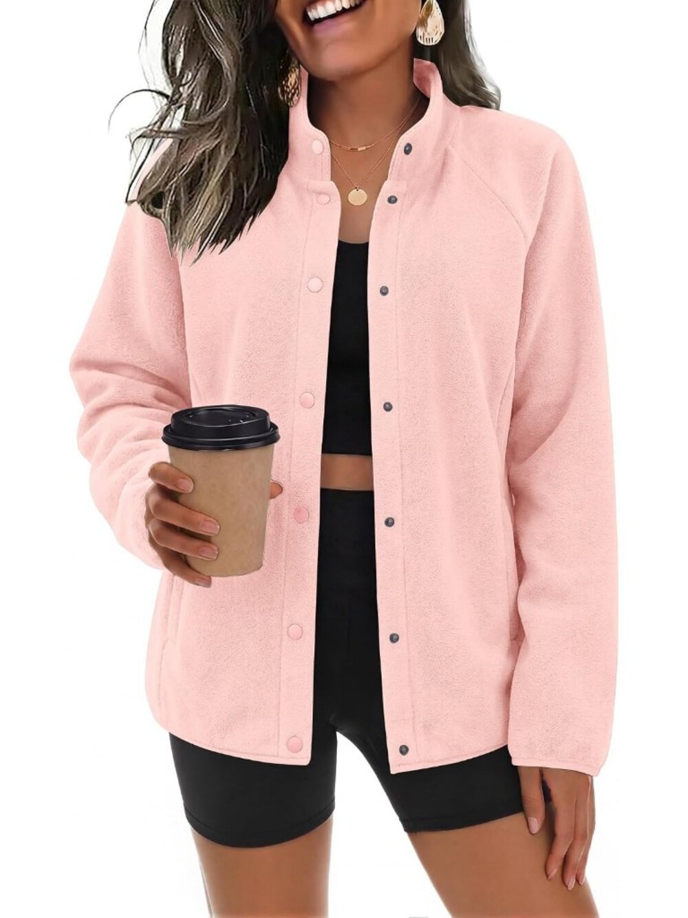 Women's Light Pink Fleece Jackets Fall Clothe Button Winter Coat with Pockets
